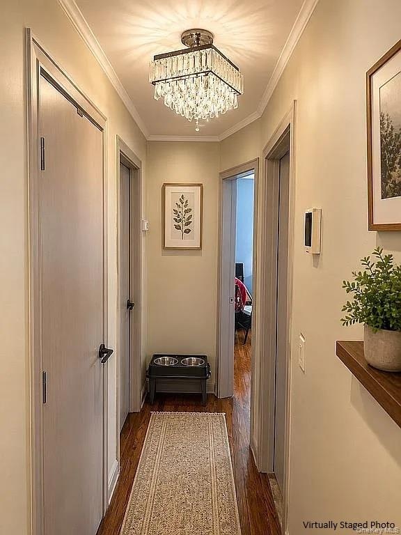 Hallway featuring wood-finish flooring, a tiered crystal flush-mount light fixture, and crown molding