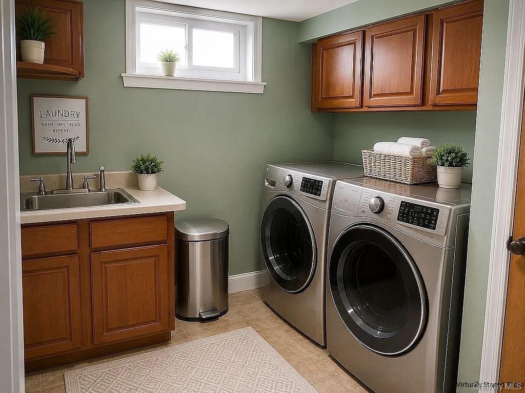 Utility space featuring wood-finish cabinetry, solid-surface countertop, integrated stainless steel sink with high-arch faucet, and upper wall-mounted