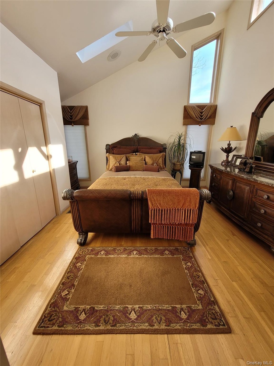Vaulted ceiling with skylight, wood-finish flooring, two window treatments, and a ceiling fan with light