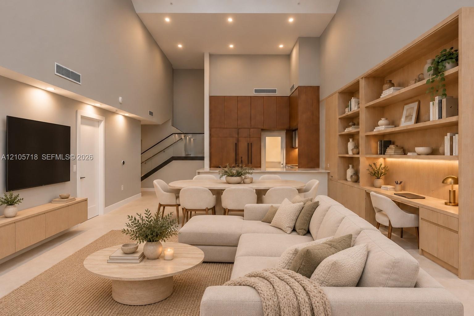 High-ceiling living space featuring extensive floor-to-ceiling wood built-in shelving and desk area, recessed lighting, neutral-toned large-format til