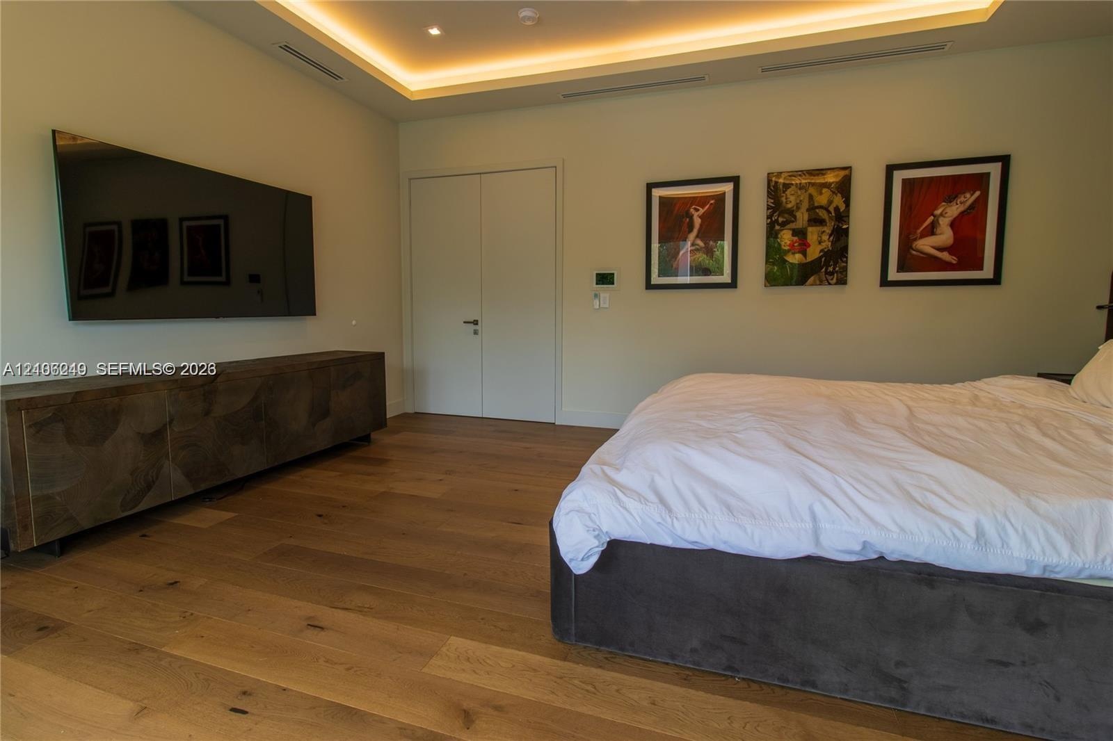 Tray ceiling featuring recessed accent lighting, wood-finish flooring, and solid-core double doors
