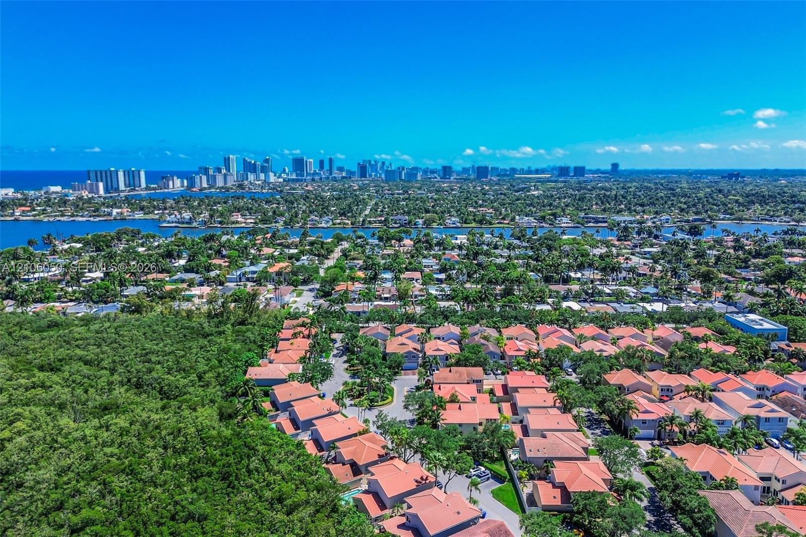 Aerial perspective featuring a residential community with clay tile roofing, dense surrounding vegetation, and a coastal skyline backdrop
