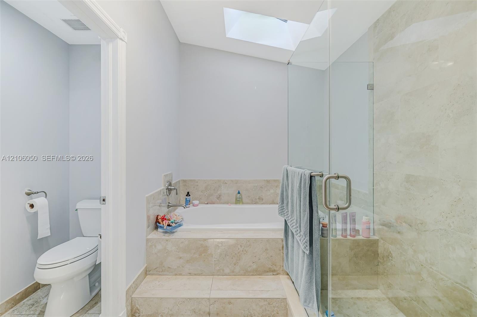 Skylit bathroom featuring a tiled platform soaking tub, separate glass-enclosed shower, stone-finish surround, and a porcelain toilet