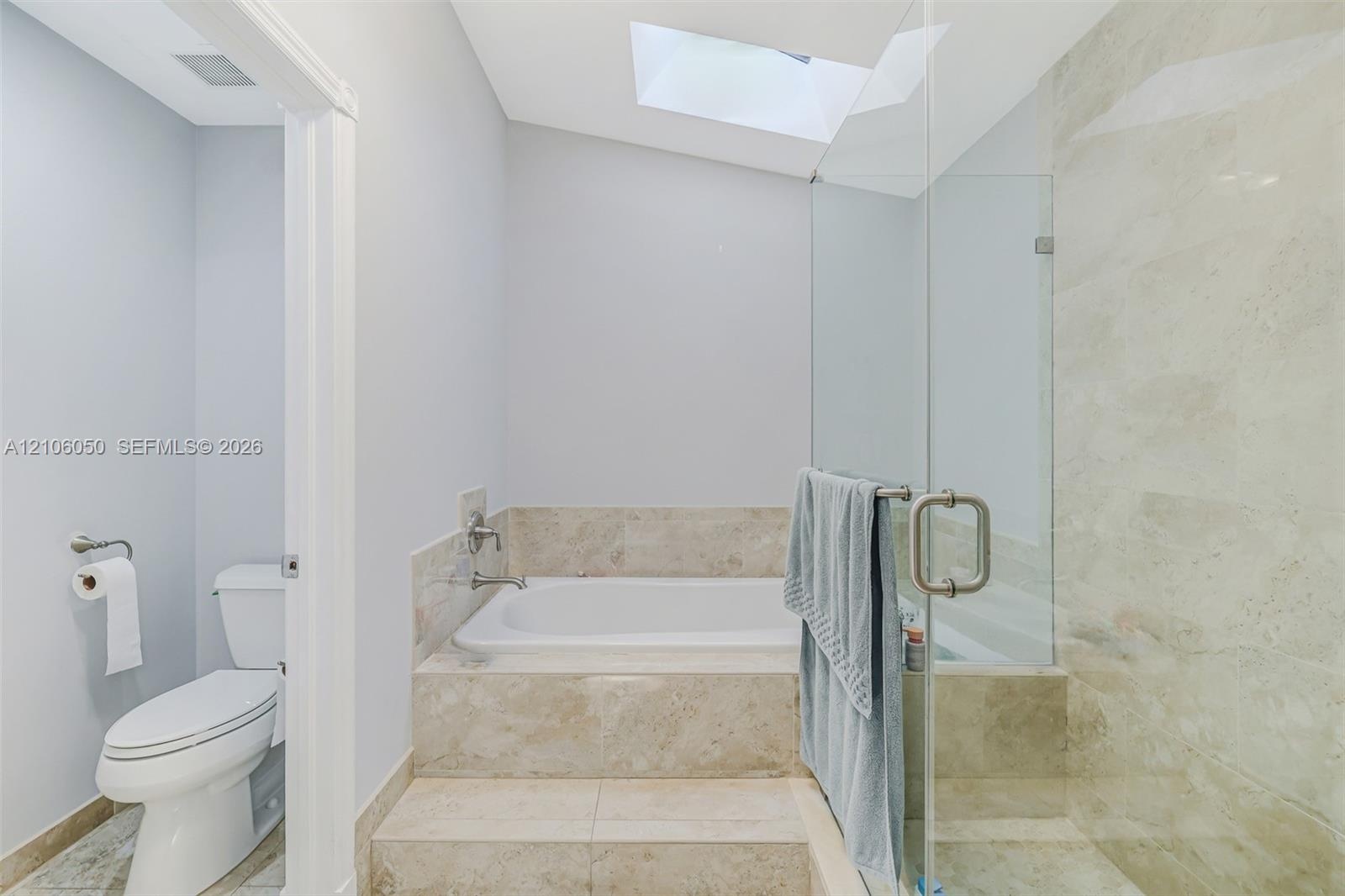 Built-in drop-in bathtub with stone-surround, frameless glass-enclosed shower, skylight, and neutral wall-mounted toilet